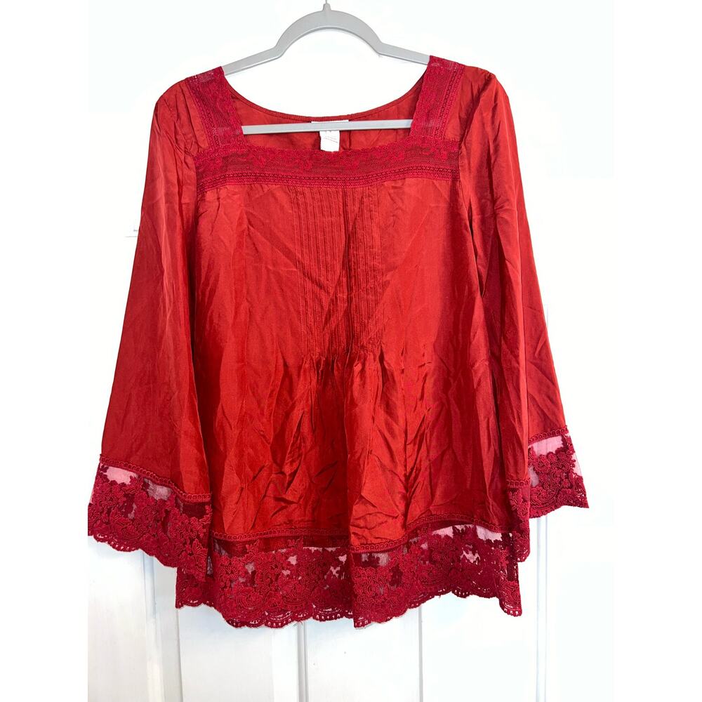 SUNDANCE Burgundy 100% Silk Blouse Western Cowgirl Lace Pintuck - size S - OF